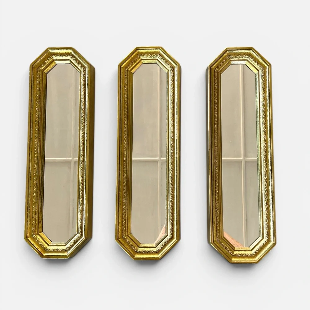 Set of 3 Vintage Ornate Gold Wall Mirrors: Hollywood Regency MCM 17" x 5" x 1" - Picture 2 of 9
